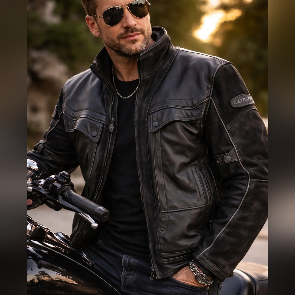 Olympia Moto Sports Leather Motorcycle Jacket Black Size L Riding Armor